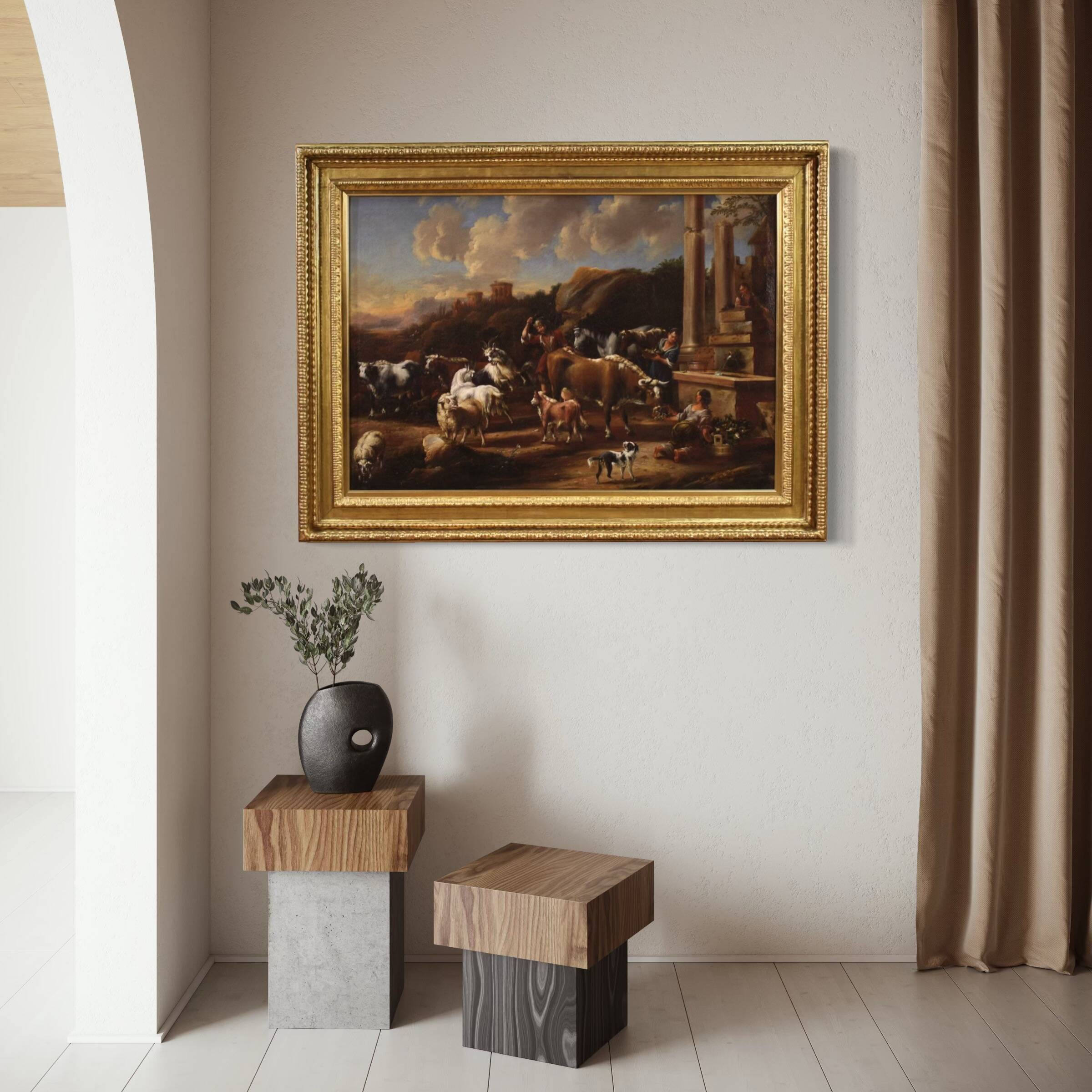 Great 18th century painting, pastoral scene with classical ruins