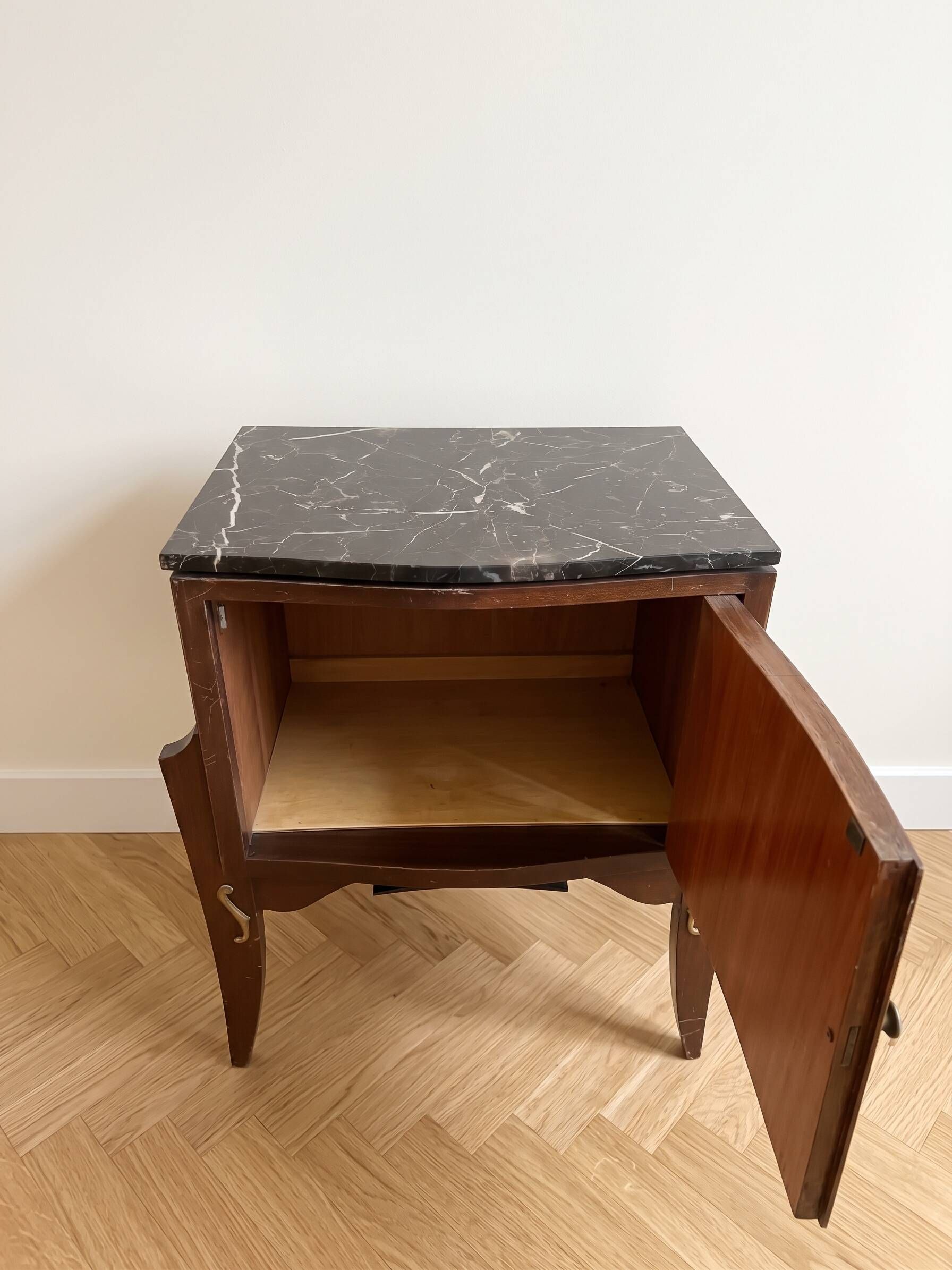 Pair of Art Deco bedside tables in wood and black marble