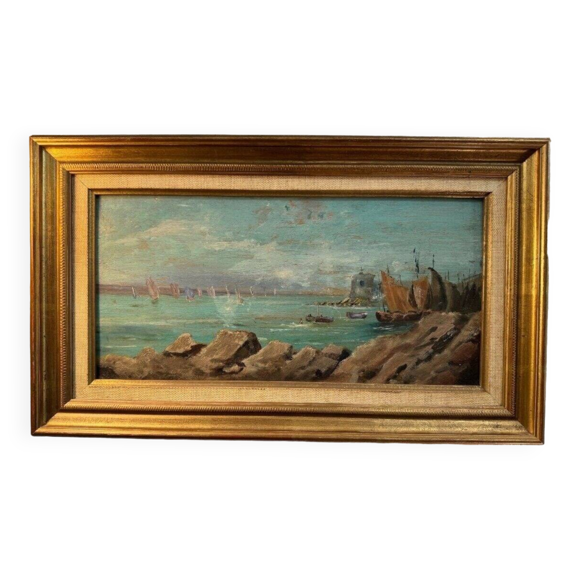 Peinture à l'huile vintage de paysage marin impressionniste français