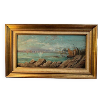 Peinture à l'huile vintage de paysage marin impressionniste français