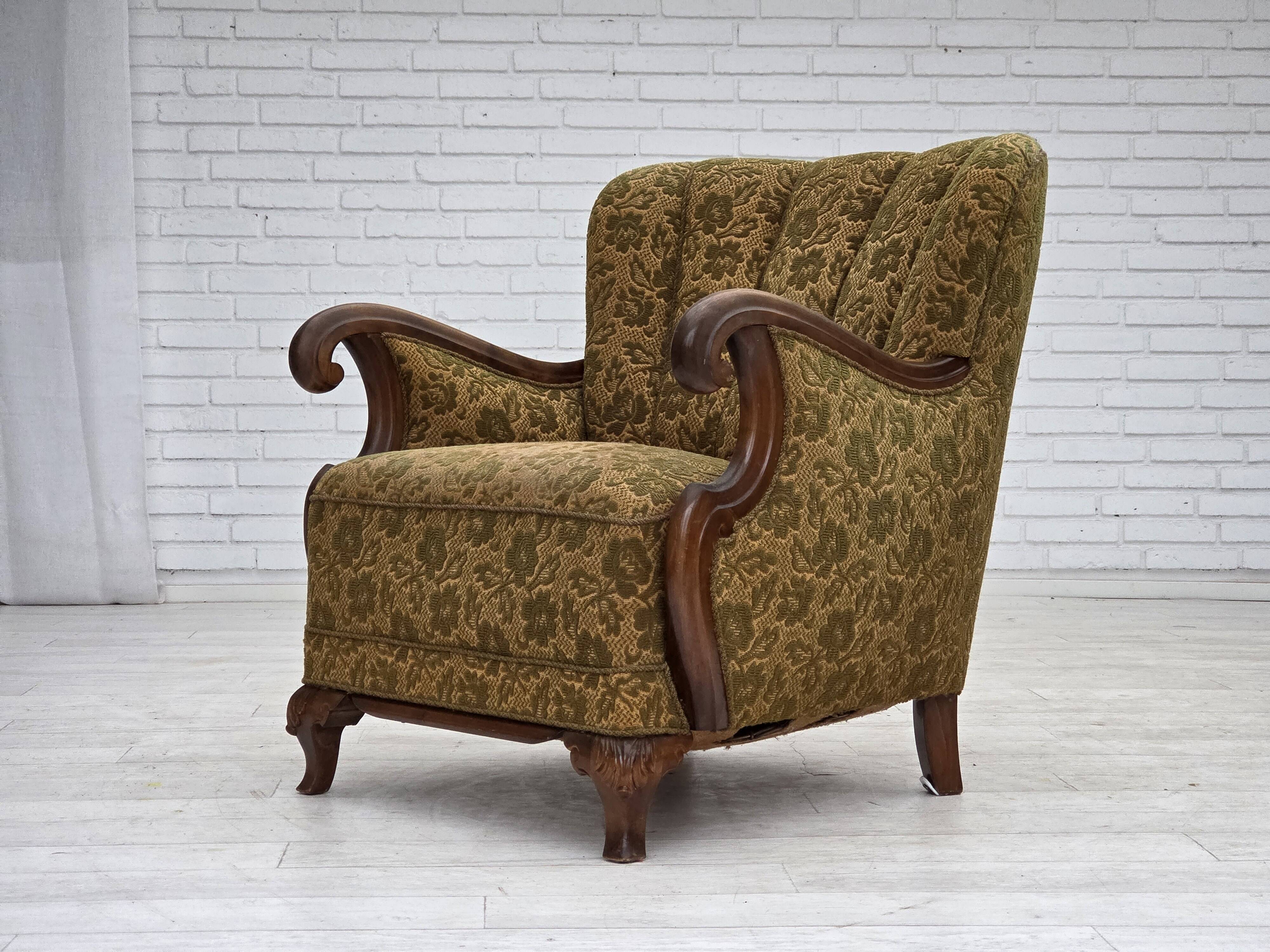 1950s, Danish armchair, furniture wool, hand carved oak wood.