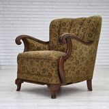 1950s, Danish armchair, furniture wool, hand carved oak wood.
