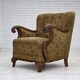 1950s, Danish armchair, furniture wool, hand carved oak wood.