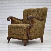 1950s, Danish armchair, furniture wool, hand carved oak wood.