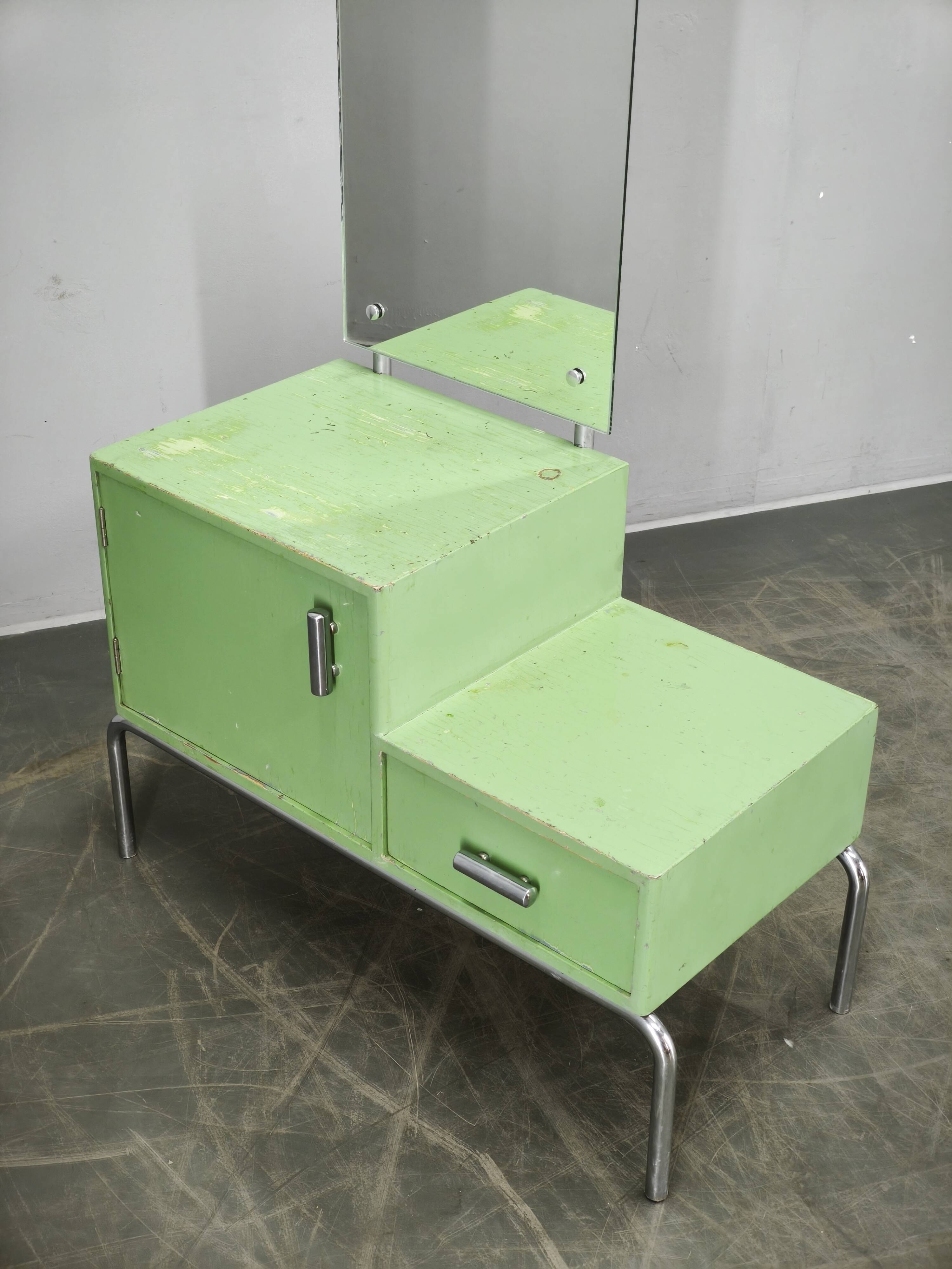 Bauhaus Czech Green Vanity Table with Mirror and Chrome Frame, 1930s