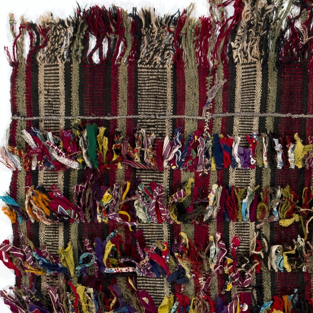 Vintage Tribal Turkish Kilim Rug with Colorful Pom Poms, Folk Art Wall Hanging