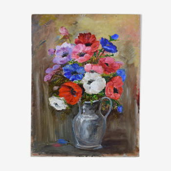 Oil on panel vintage painting Summer bouquet