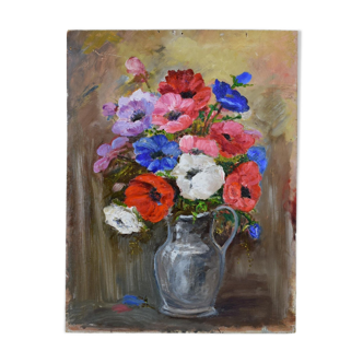 Oil on panel vintage painting Summer bouquet