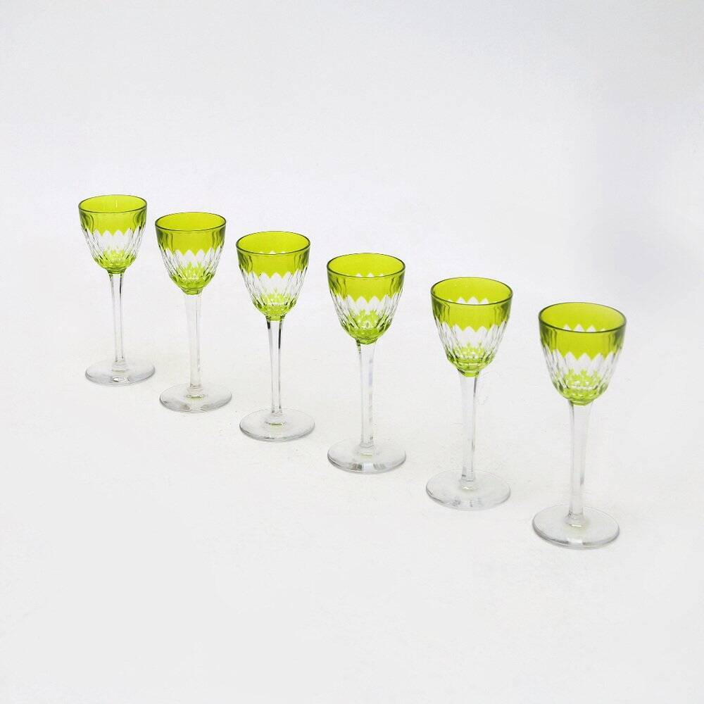 Armagnac wine glasses in green crystal by Baccarat, 1970s, set of 6.