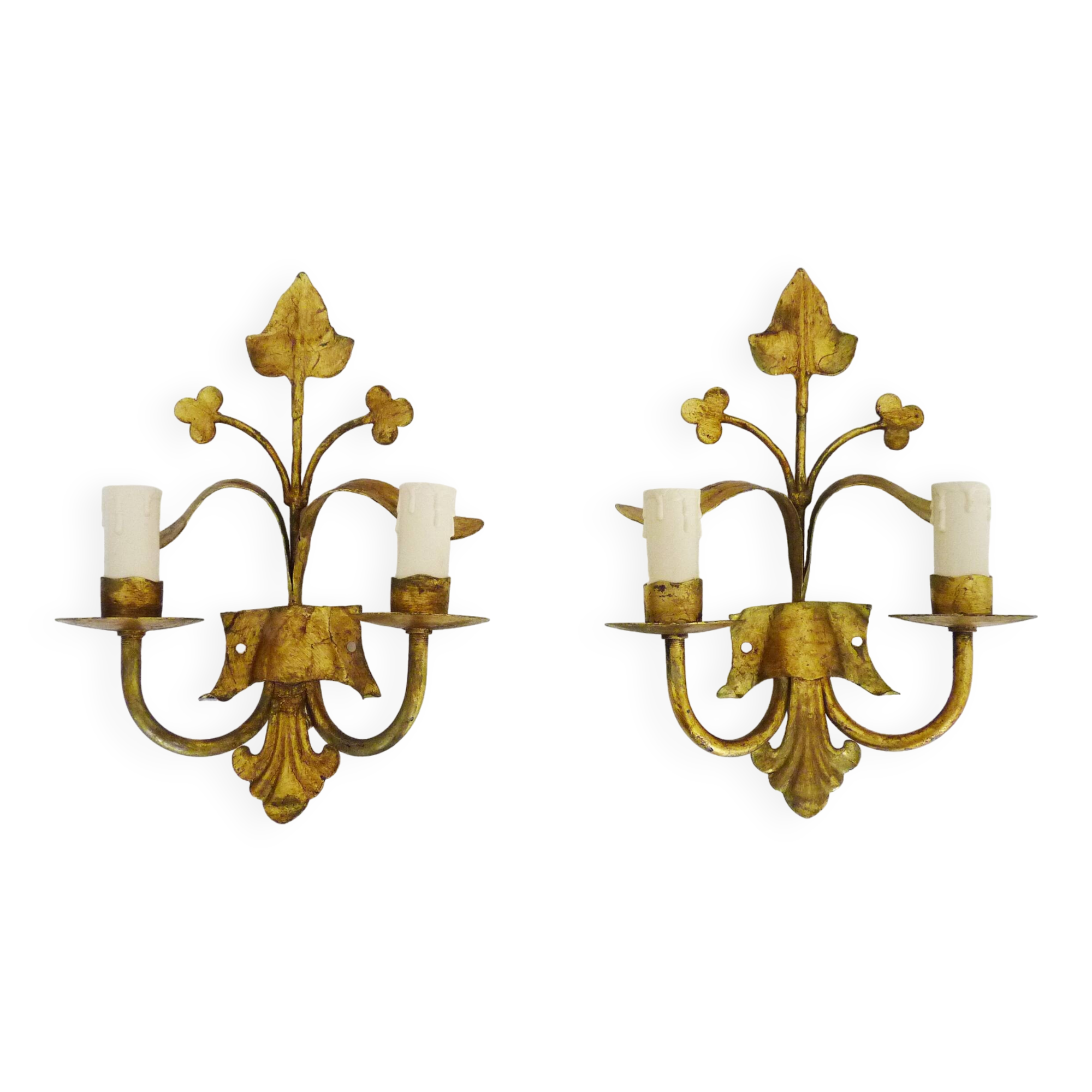 Pair of Italian wall lights with 2 gold leaf gilded arms. 70s 80s