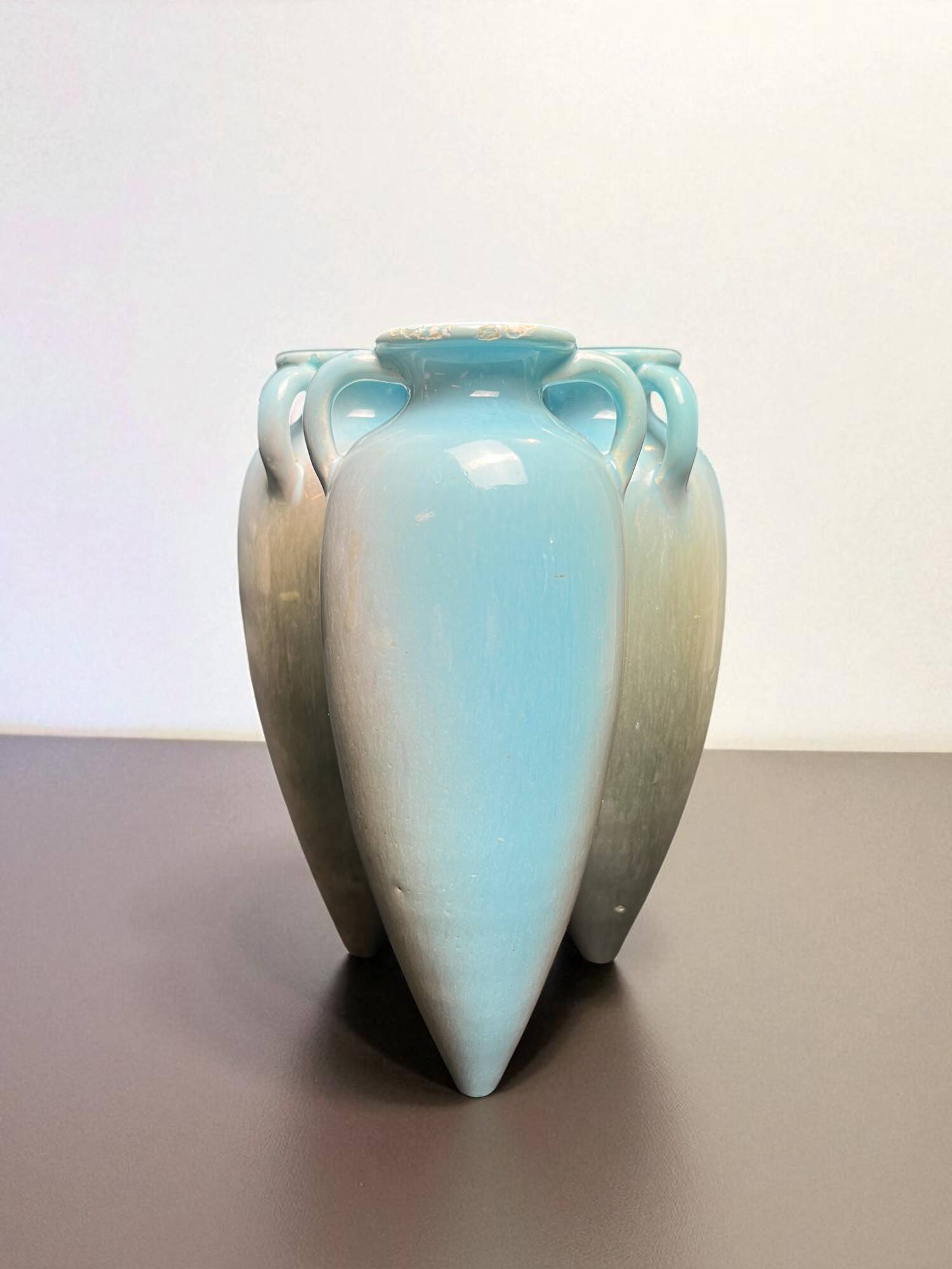 Art Nouveau, small triple amphora vase, glazed earthenware, Massier, circa 1900