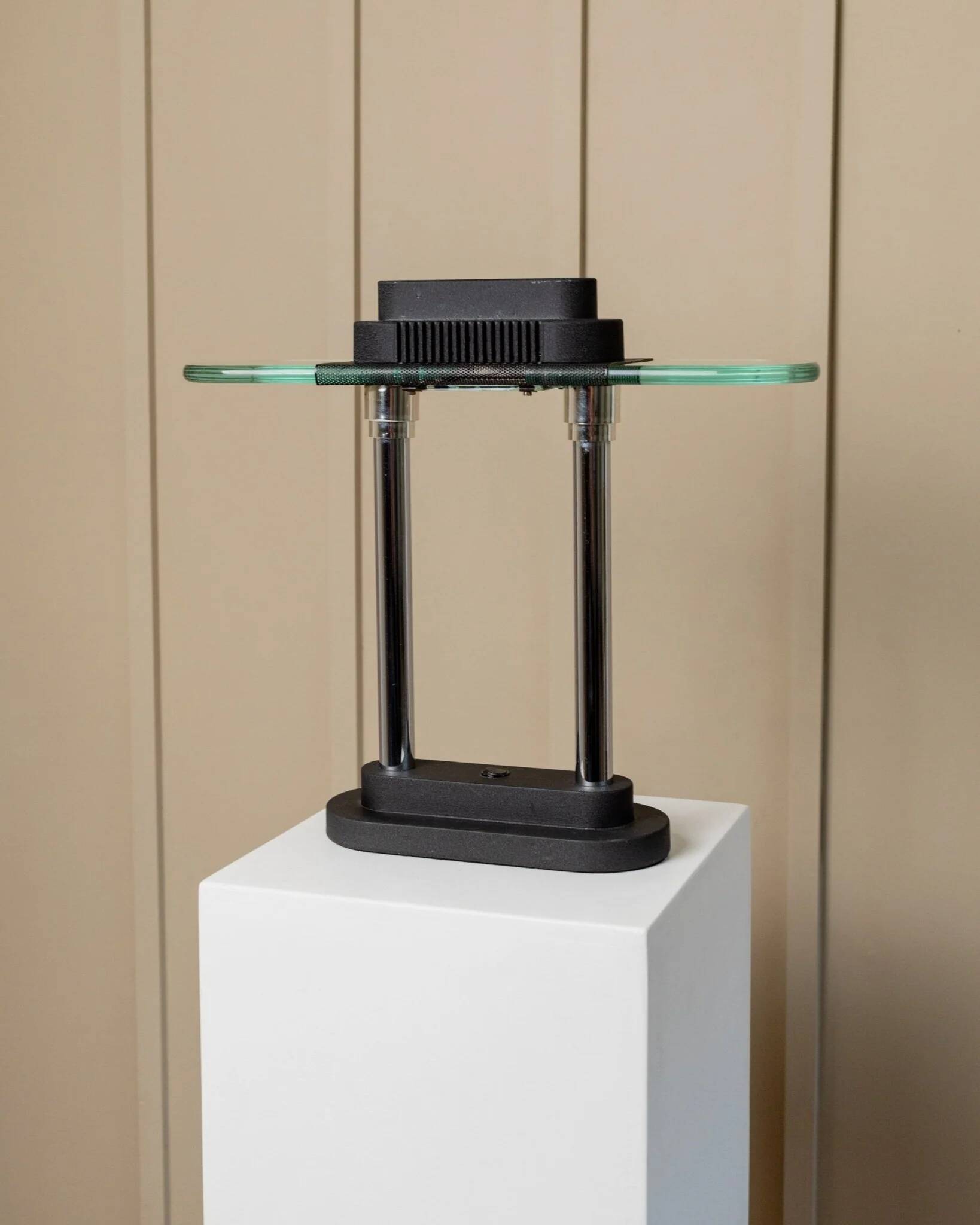 Vintage black metal and glass table lamp Bankers by Robert Sonneman for Georges Kovacs, Memphis Design 1980s