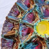Handmade painted and glazed Barbotina ceramic oyster dish from Vallauris France ann