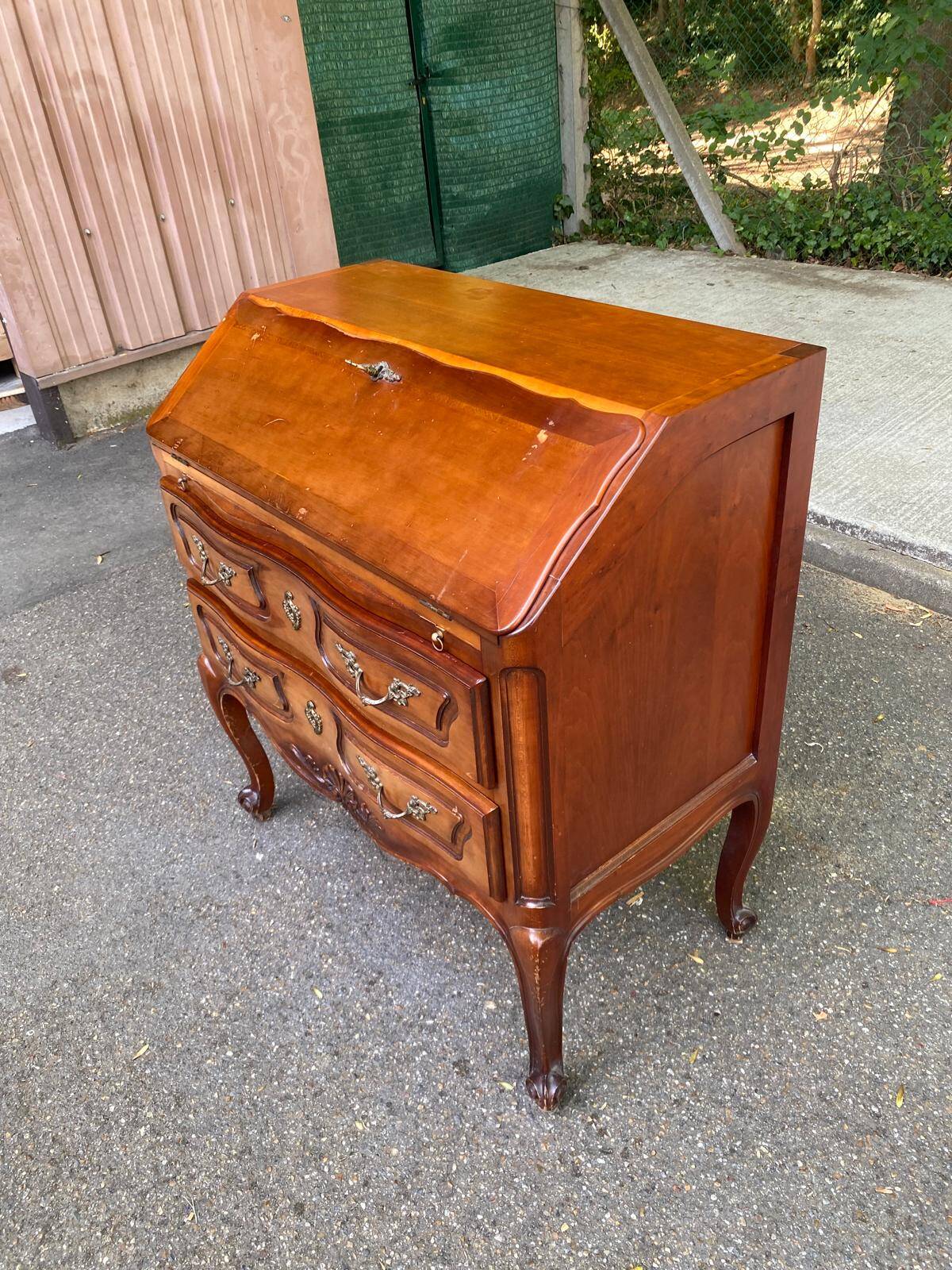 Louis XV solid wood and green leather writing desk secretary, 1950.