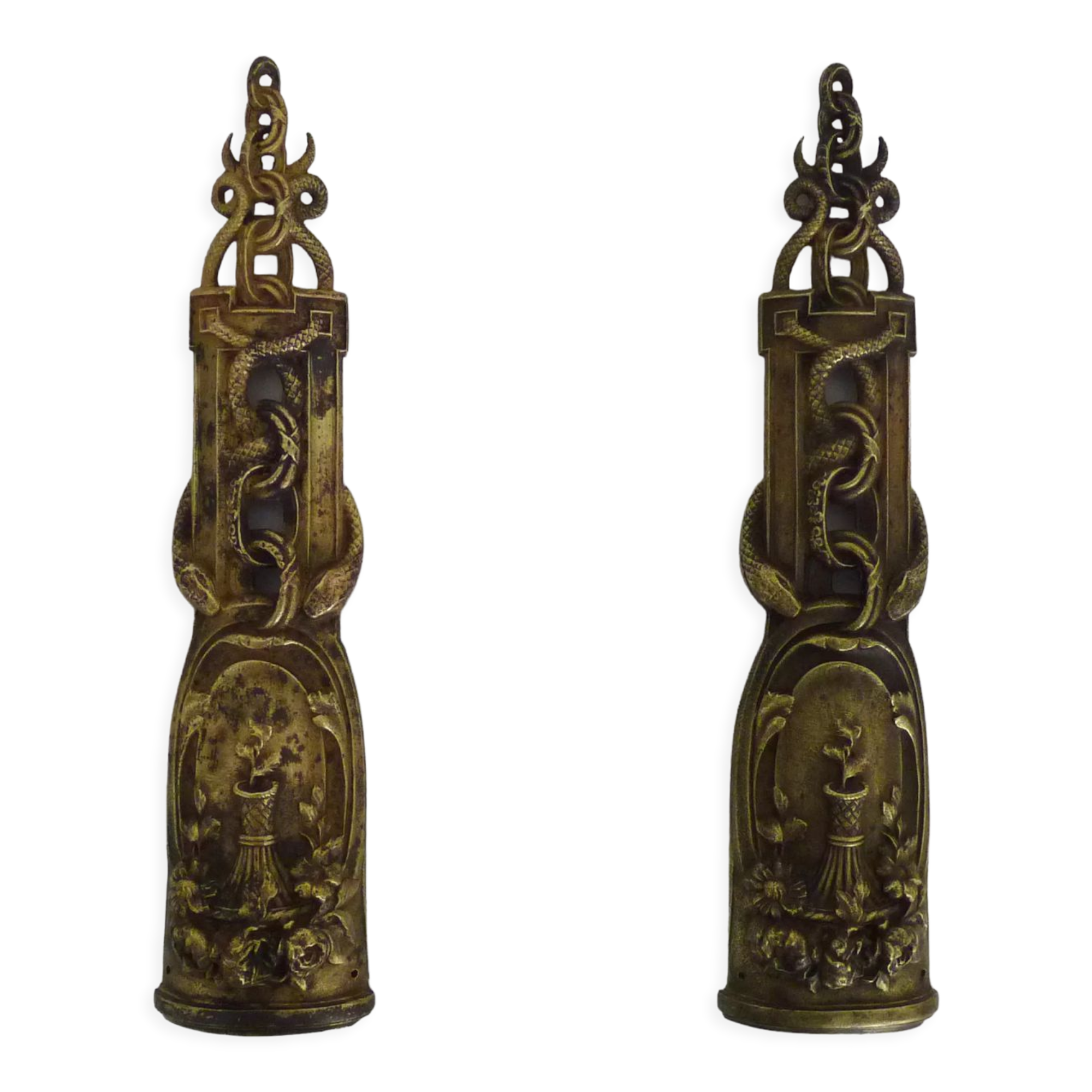 Pair of pharmacy storefront, doctor, caduceus bronze medicine. Early twentieth century
