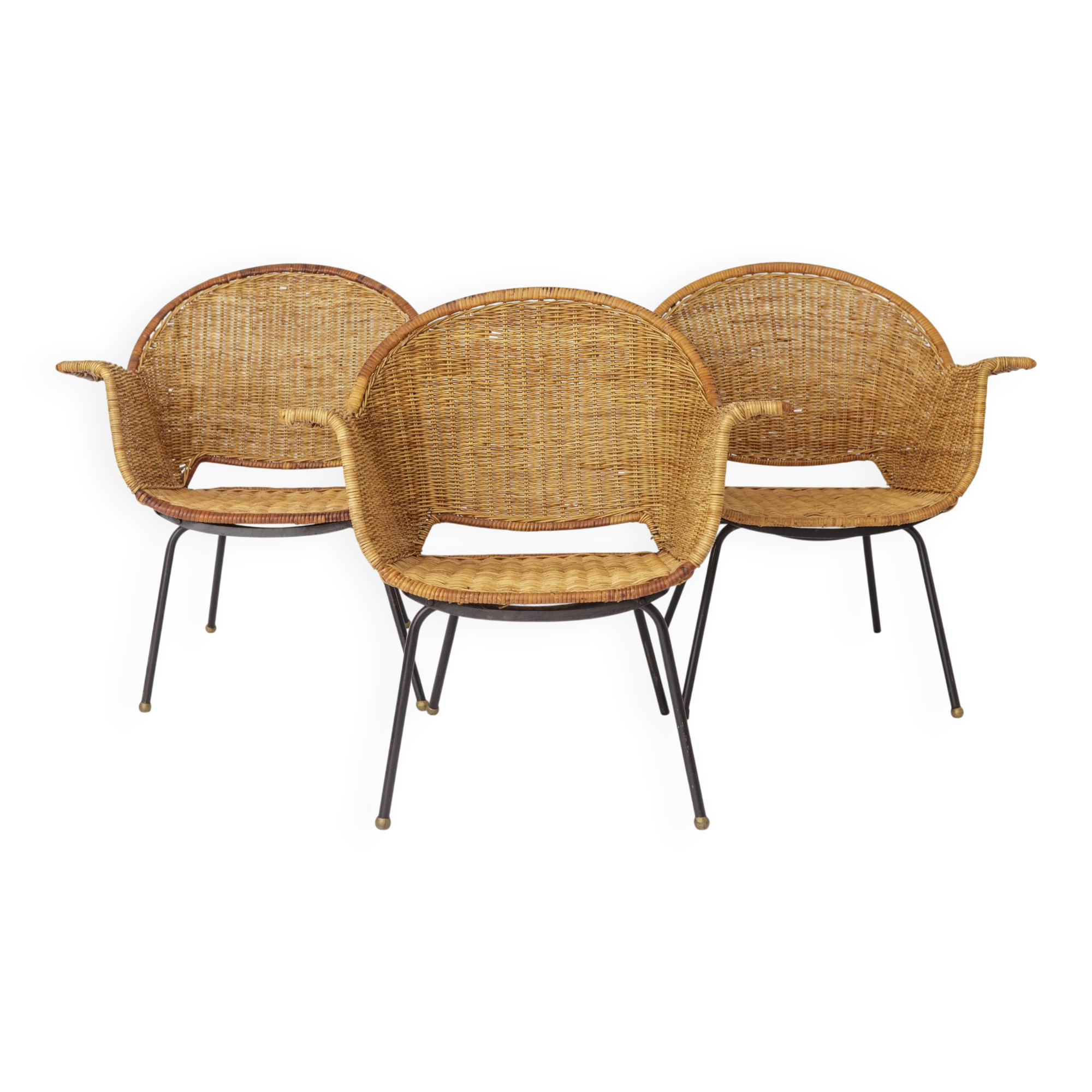 Chaises en osier vintage par Gianfranco Legler années 1950 | Ensemble de 3 en rotin suisse