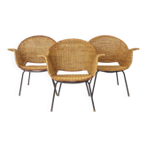Chaises en osier vintage par Gianfranco Legler années 1950 | Ensemble de 3 en rotin suisse