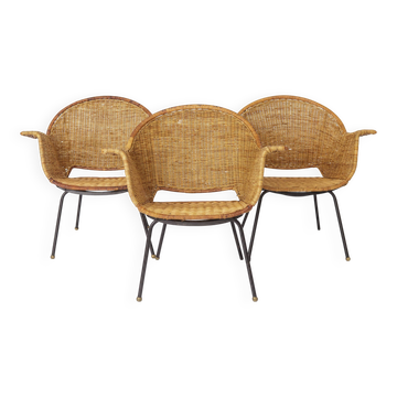 Vintage Basket Chairs by Gianfranco Legler 1950s | Set of 3 Swiss Rattan