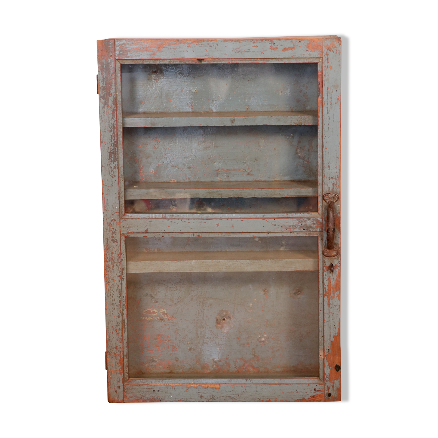 Old original grey-blue patina Burmese teak wall display case