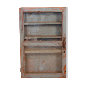 Old original grey-blue patina Burmese teak wall display case