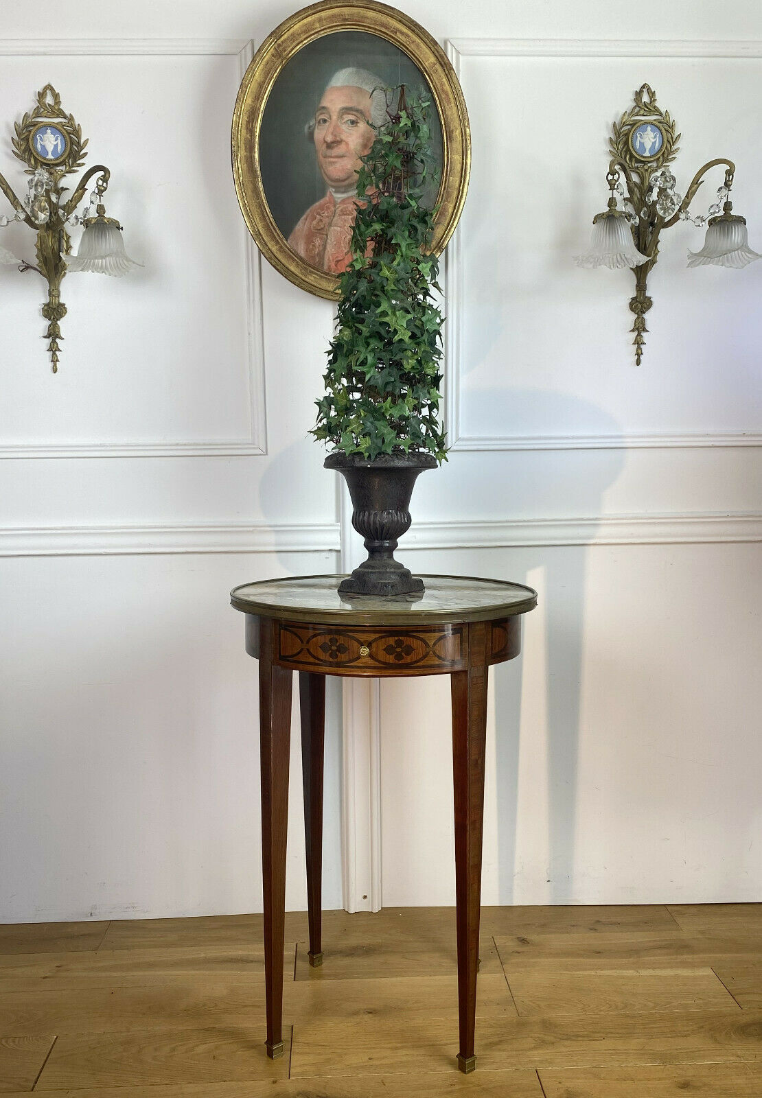 Gueridon in marquetry and marble top of Louis XVI style Napoleon III era
