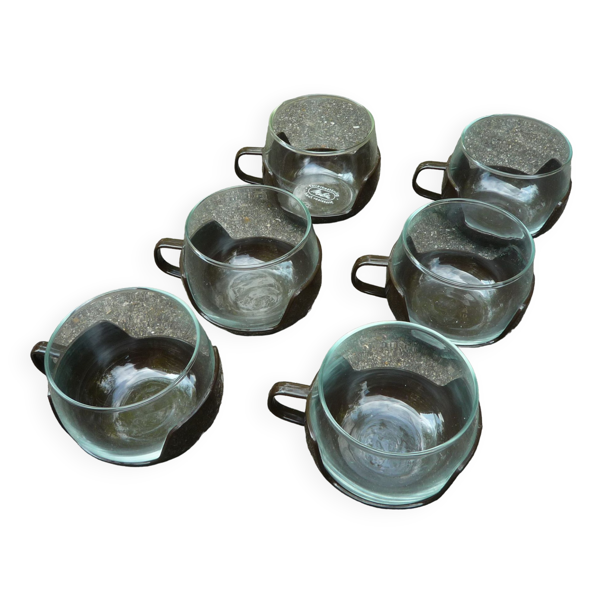 6 Melika coffee cups, brown glass and plastic, vintage 1970s