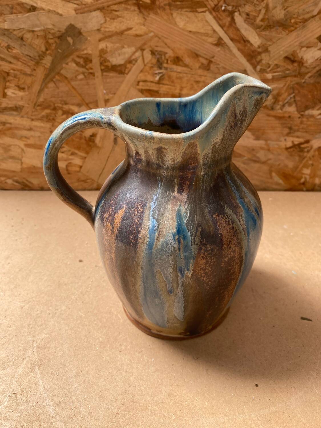 Antique art nouveau vintage blue brown flamed stoneware pitcher