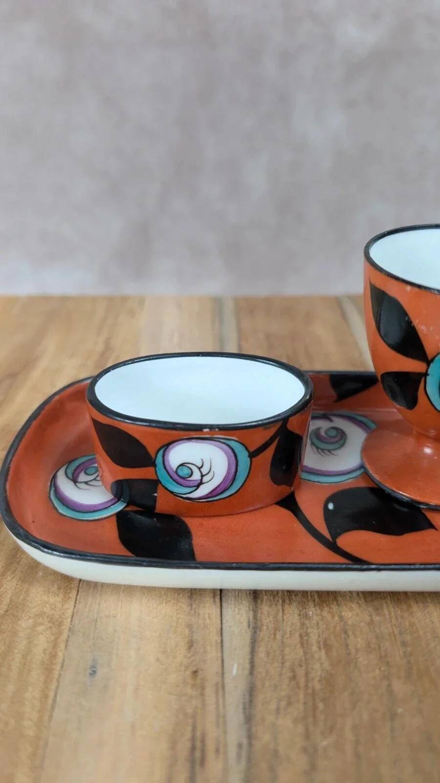 Vintage hand-painted set – tray + coconut tree + mini ramekin