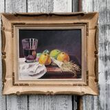 Still life, leek apples vino
