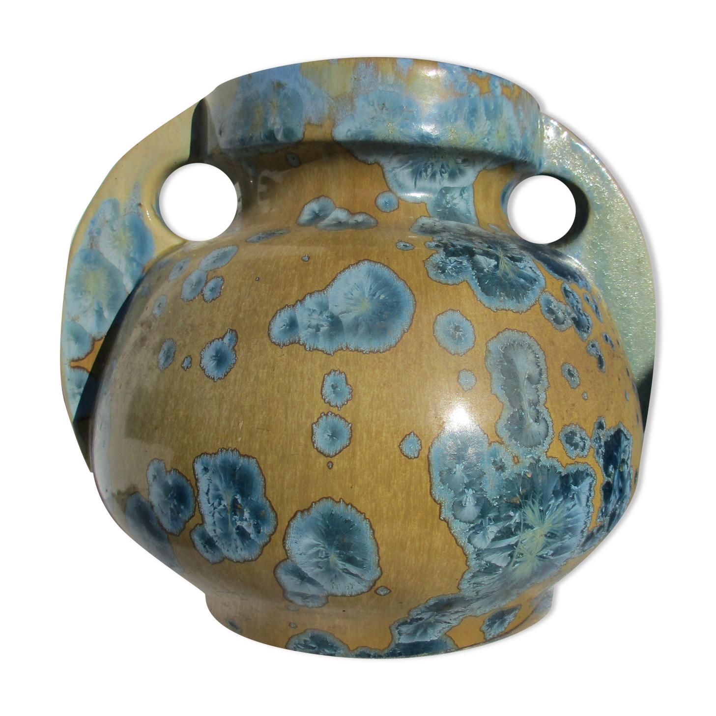 Vase grès de Pierrefonds signature au heaume FH glaçure bleu numéroté 431