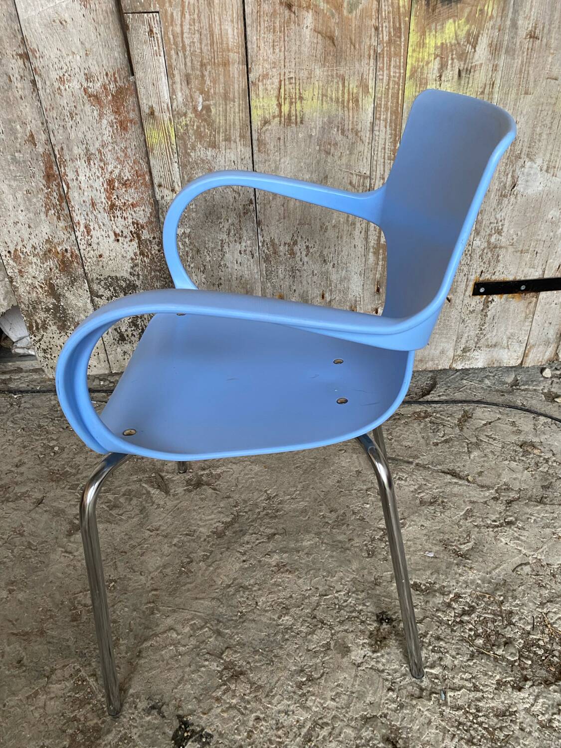 ACTA JIM Chair Design Chrome Metal + Vintage Light Blue Plastic Shell