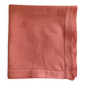 Nappe ancienne damassée en lin et soie rose tangerine