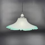 Frosted glass flower pendant with a water green edge.