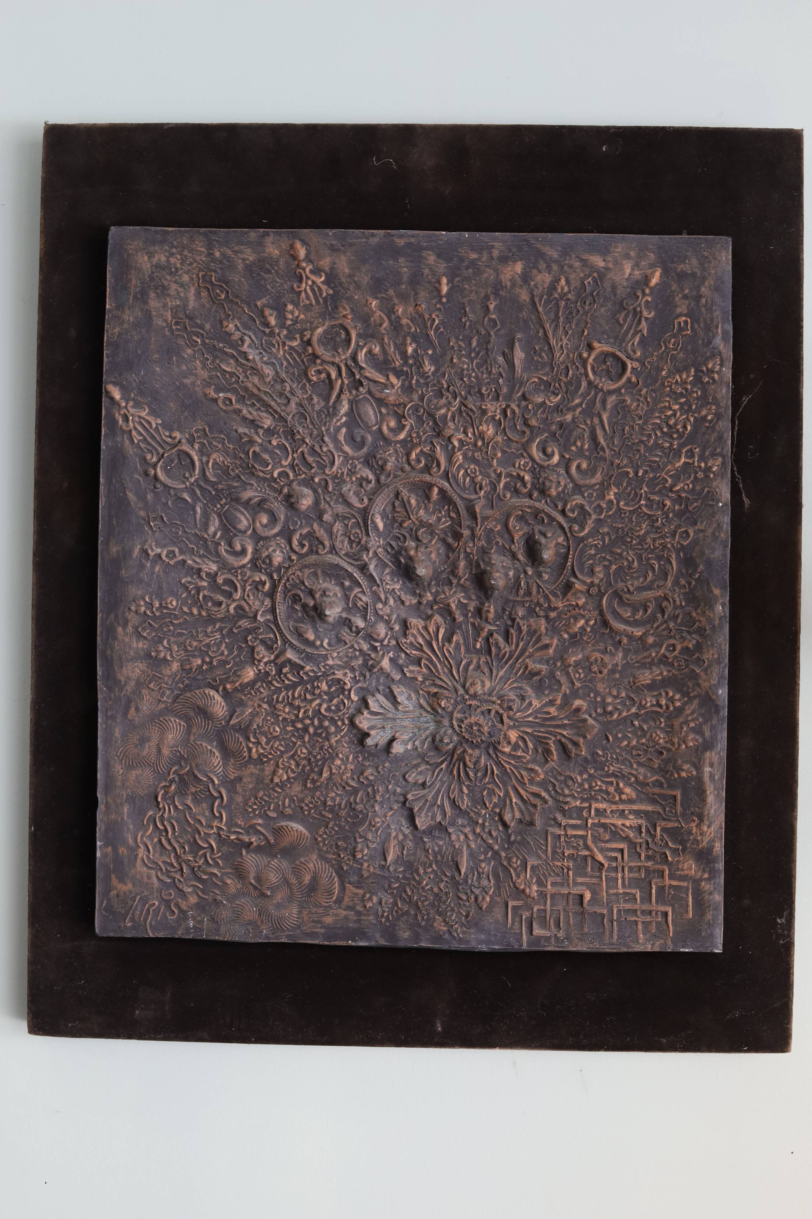Iris MIRE Bronze patinated resin wall panel with floral decoration circa 1980.