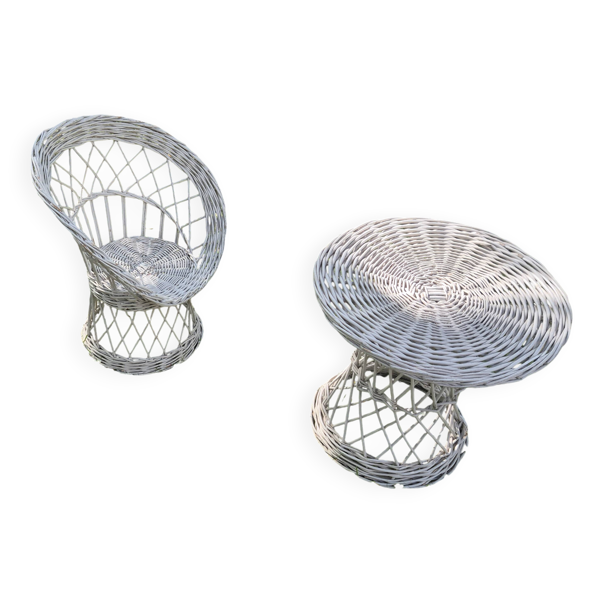 Ensemble vintage salon fauteuil et table enfant en rotin blanc