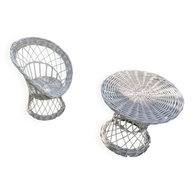 Ensemble vintage salon fauteuil et table enfant en rotin blanc