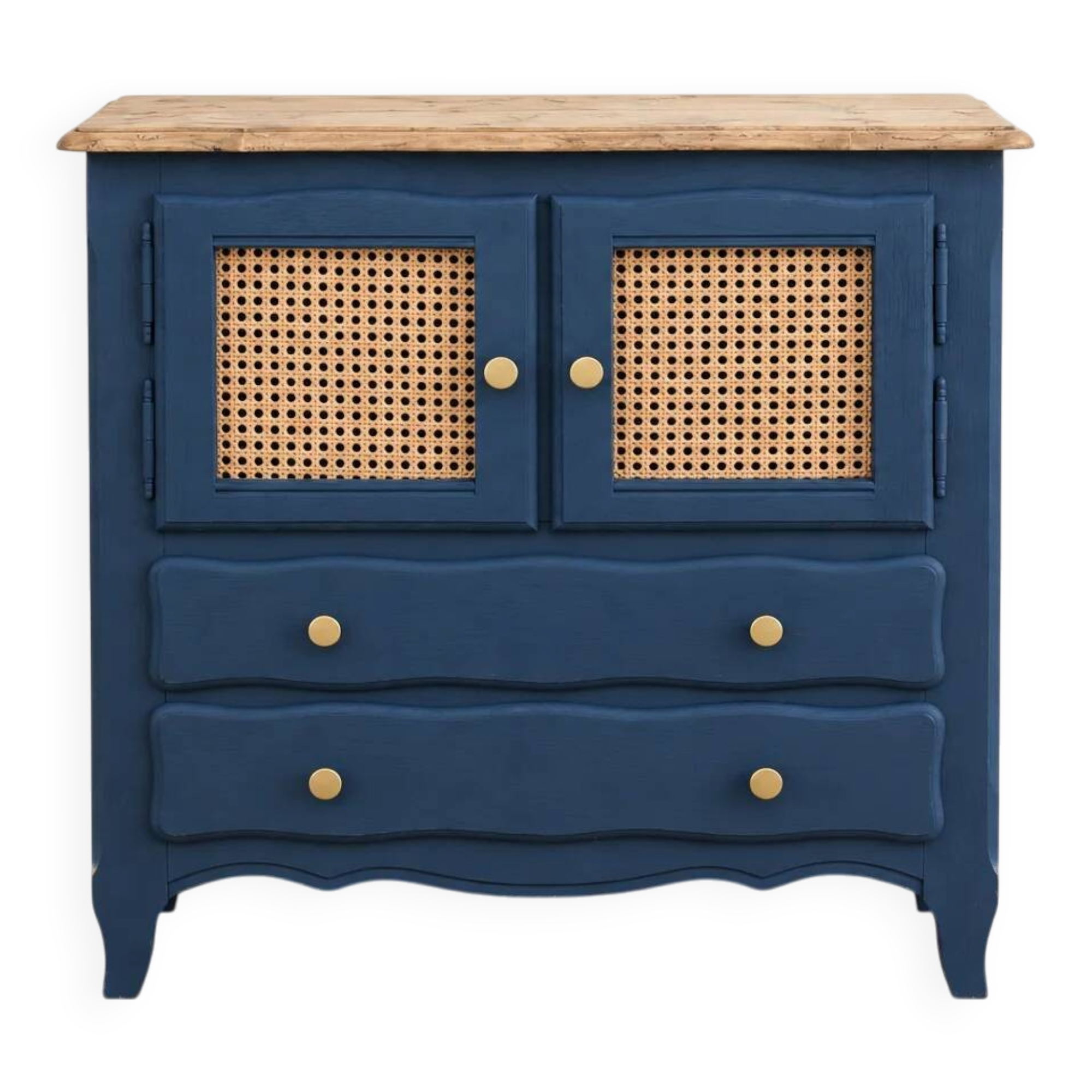 Small renovated vintage buffet in blue from Vosges, Libéron and caning – 2 doors, 2 drawers