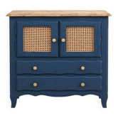 Petit buffet vintage rénové bleu des Vosges Libéron et cannage – 2 portes, 2 tiroirs