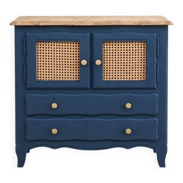 Small renovated vintage buffet in blue from Vosges, Libéron and caning – 2 doors, 2 drawers
