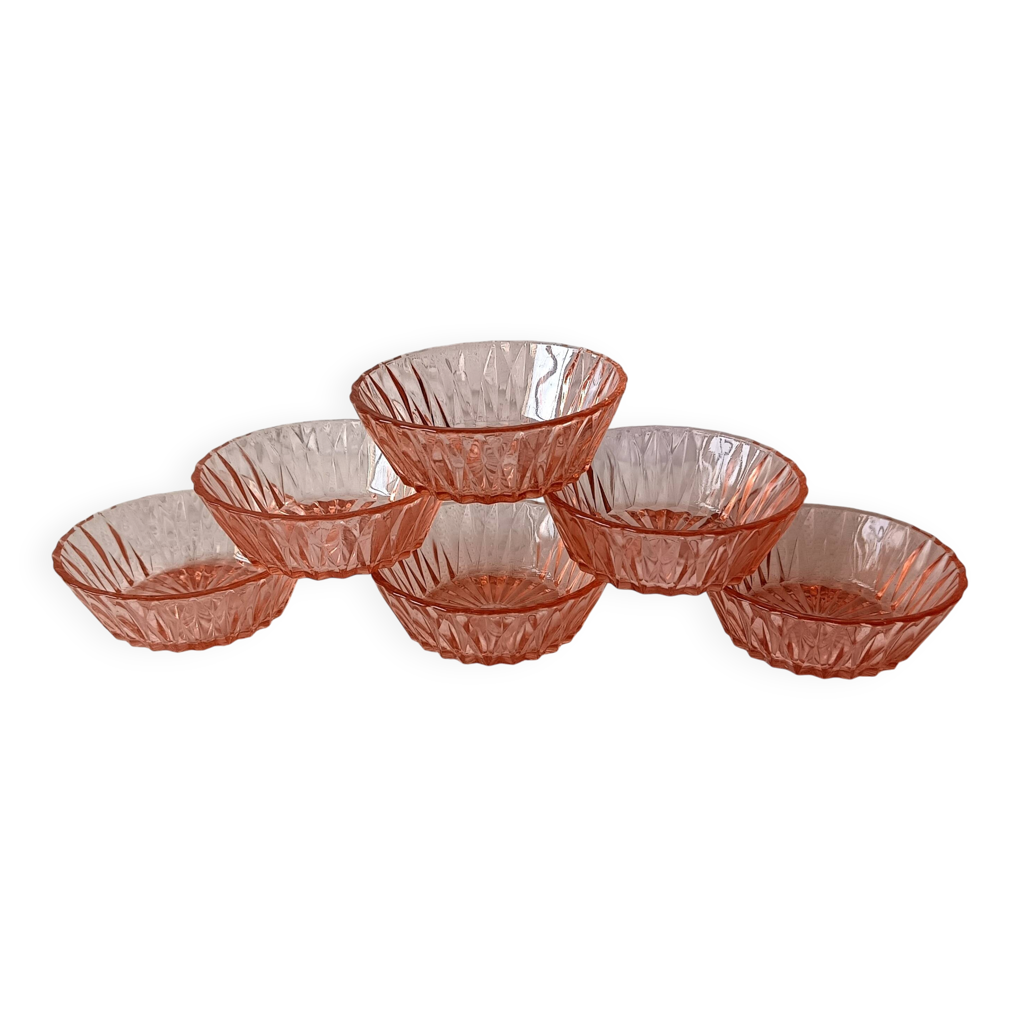 6 vintage French pink molded glass bowls from the 1960s
