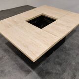 Vintage hidden bar coffee table in travertine, 1970s.