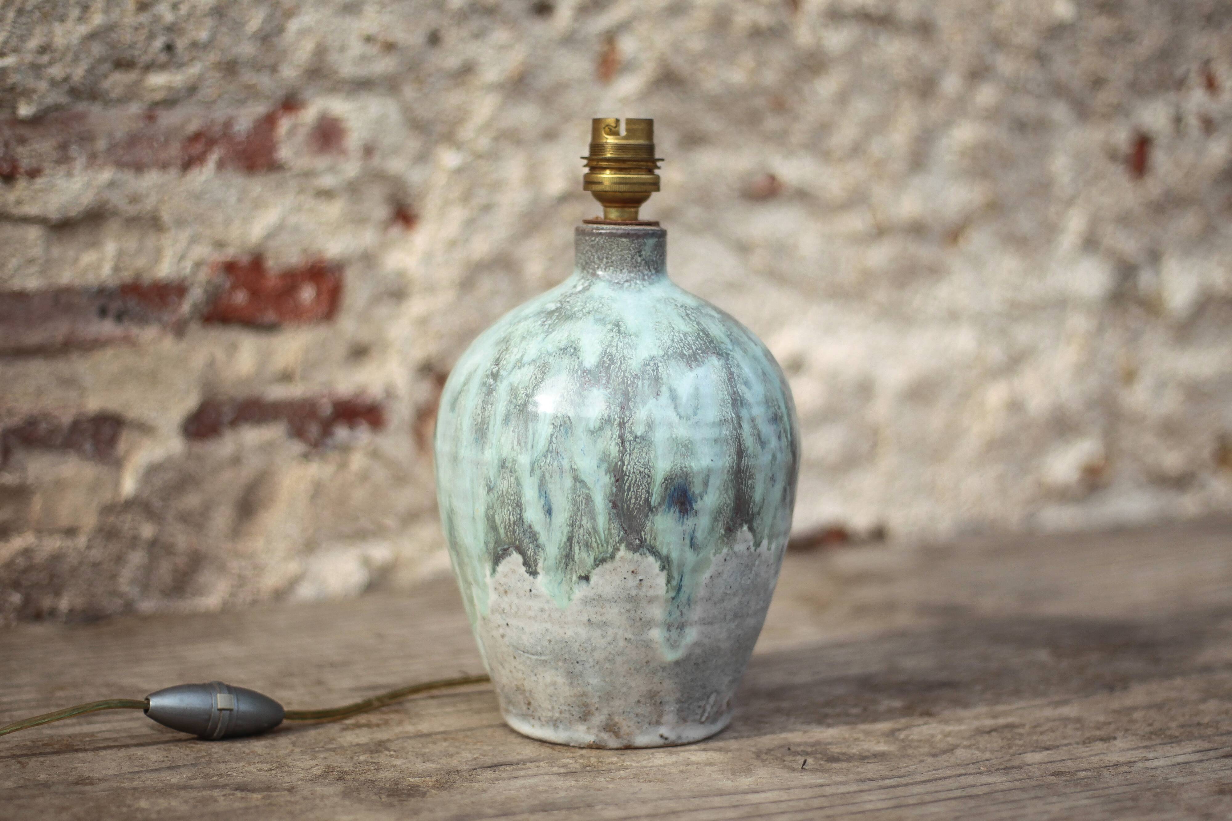 Vintage blue/grey glazed stoneware lamp, round lamp base, lamp stand.