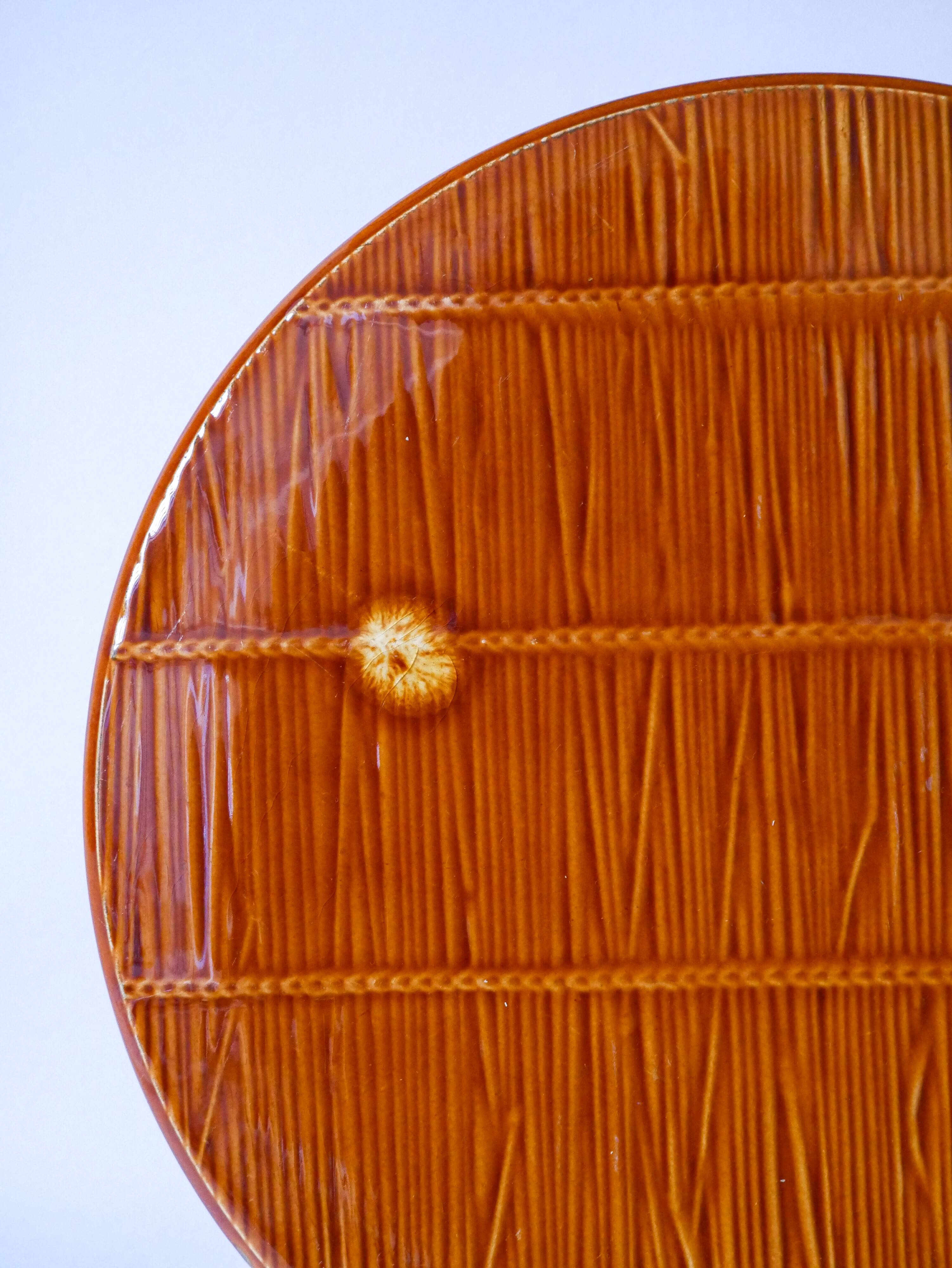 Cake dish in gien slip with woven reed effect 1960