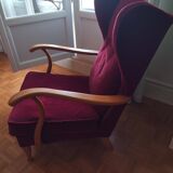 Fauteuil vintage années 1950 en velours rouge et bois hauteur 99