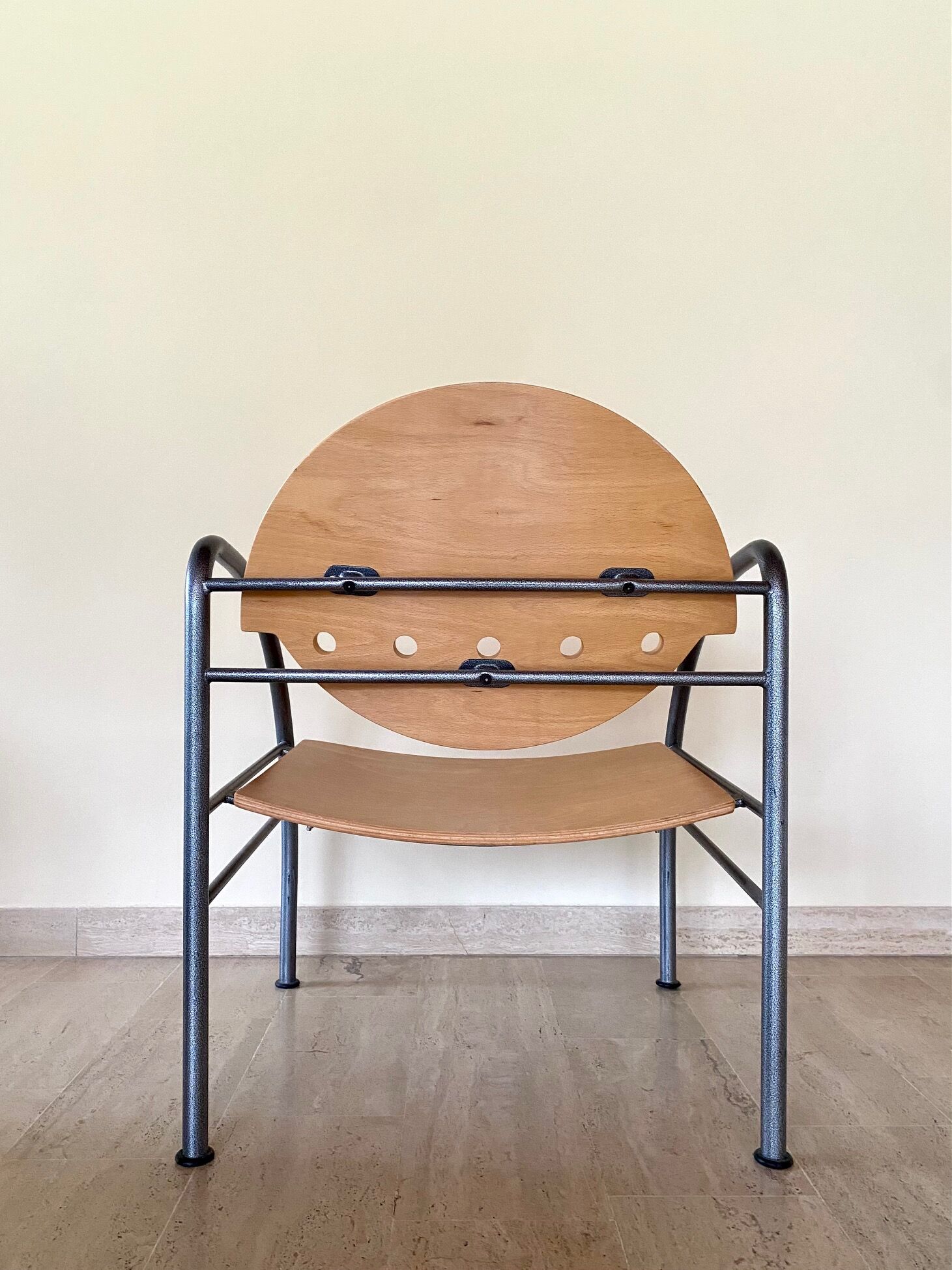 Pair of wooden and steel armchairs, 1980's