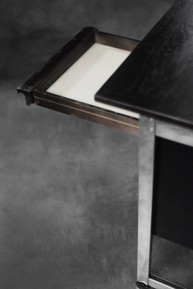 Vintage Mid-Century Danish Black Modern Minimalist Oak Office Desk with Chrome Base, 1970s
