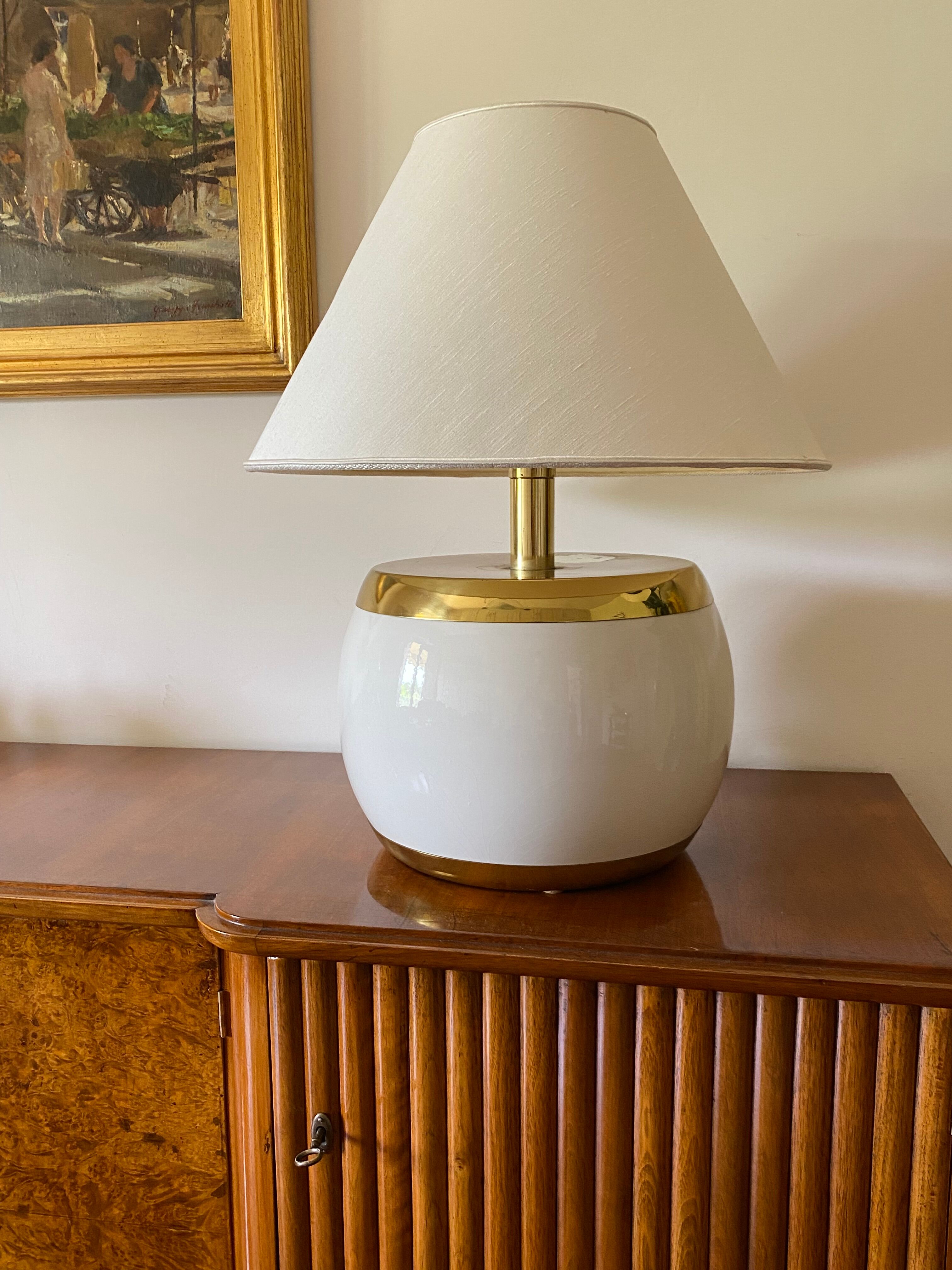 Monumental white ceramic and brass lamp base, italy 1970s