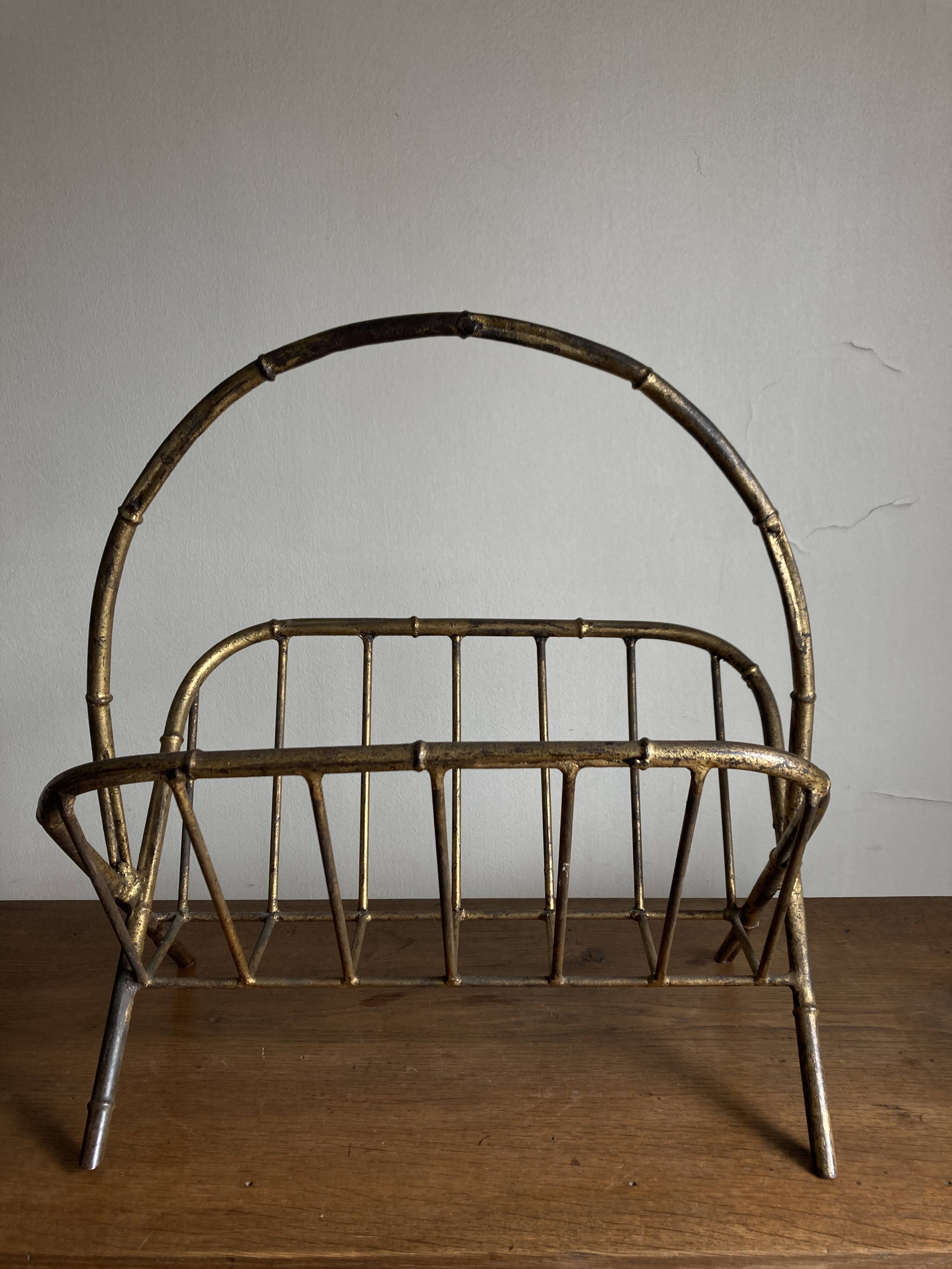 1960s magazine rack in gilded wrought iron, faux bamboo, Italian work