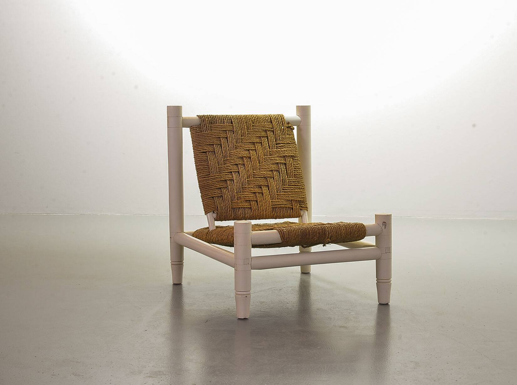 Charlotte Perriand Style Low Seat White Wicker Oak Lounge Chair and Stool