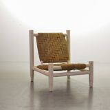 Charlotte Perriand Style Low Seat White Wicker Oak Lounge Chair and Stool